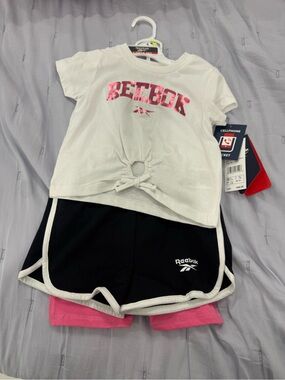 Reebok 3 piece set White Tee & Black Athletic Shorts with Pink Liner
